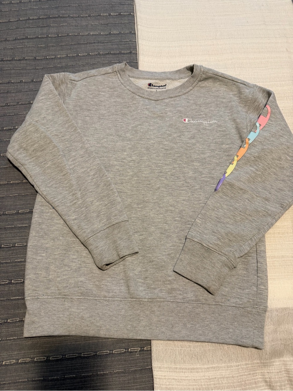 Champion Grey Crewneck Sweatshirt with Colorful Sleeve Logo girls size medium